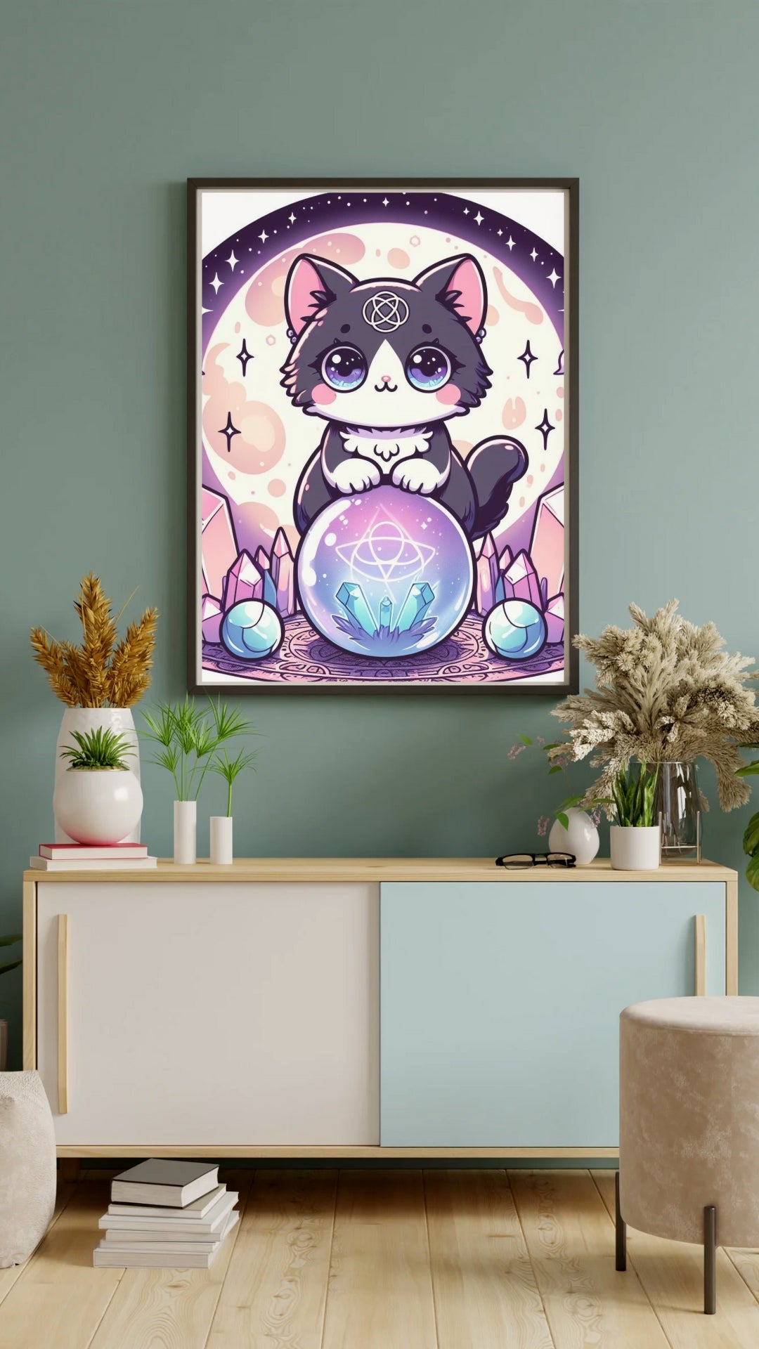 Kawaii Witches Cat - Gothic Framed Matte Canvas Print