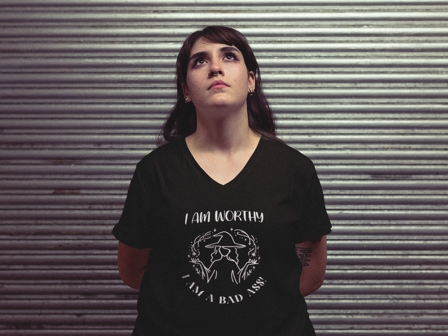 I Am Worthy - Unisex Jersey Short Sleeve V-Neck Tee - Gothic Positive Affirmation