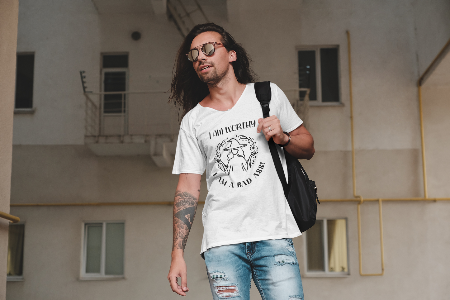 I Am Worthy - Unisex Jersey Short Sleeve V-Neck Tee - Gothic Positive Affirmation