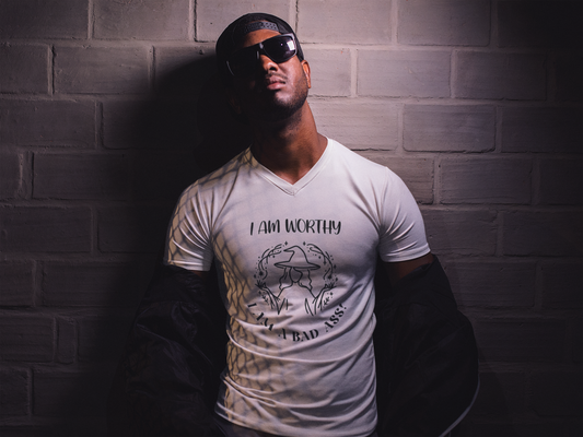 I Am Worthy - Unisex Jersey Short Sleeve V-Neck Tee - Gothic Positive Affirmation