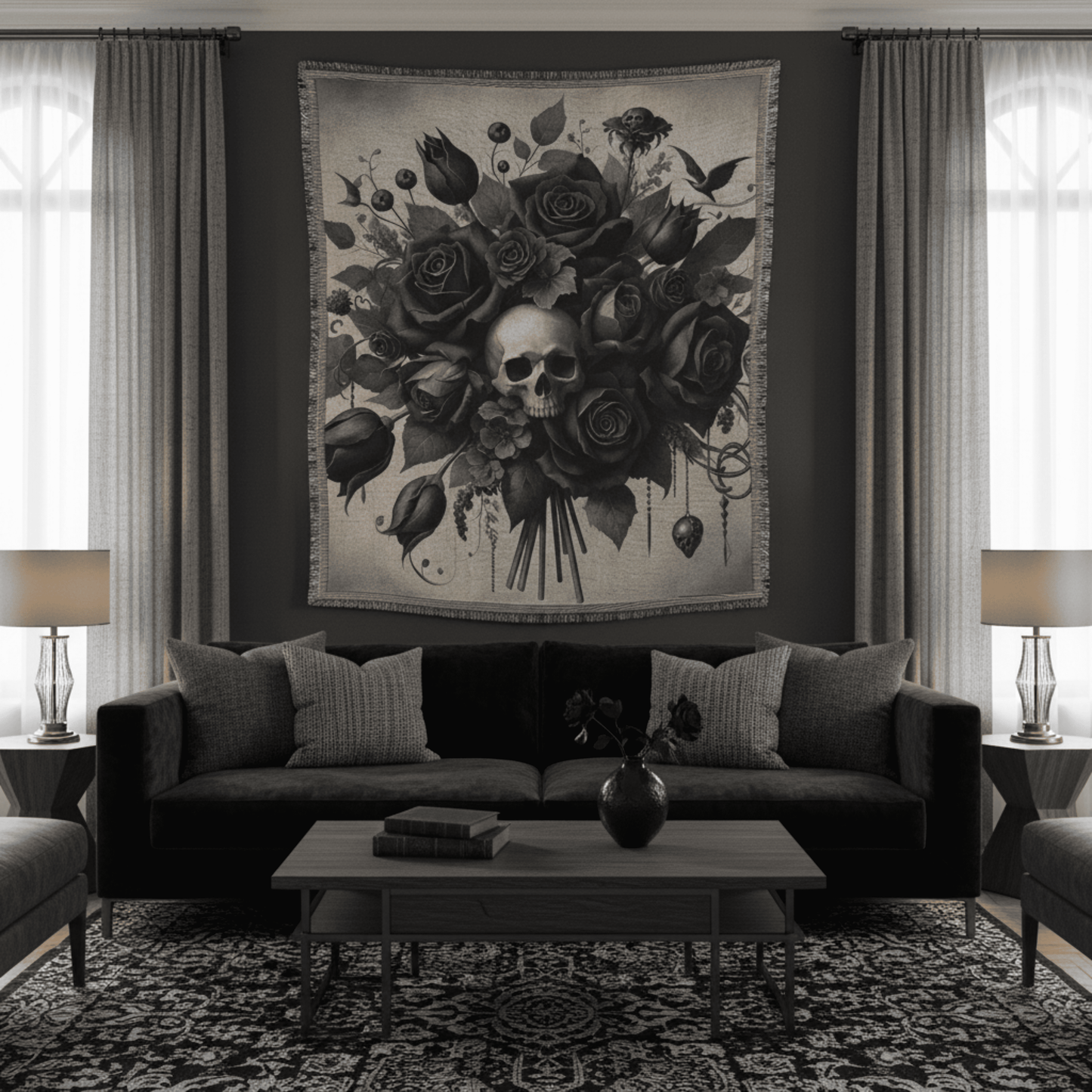 Enchanted Skull Bouquet - Alternative Woven Throw Blanket
