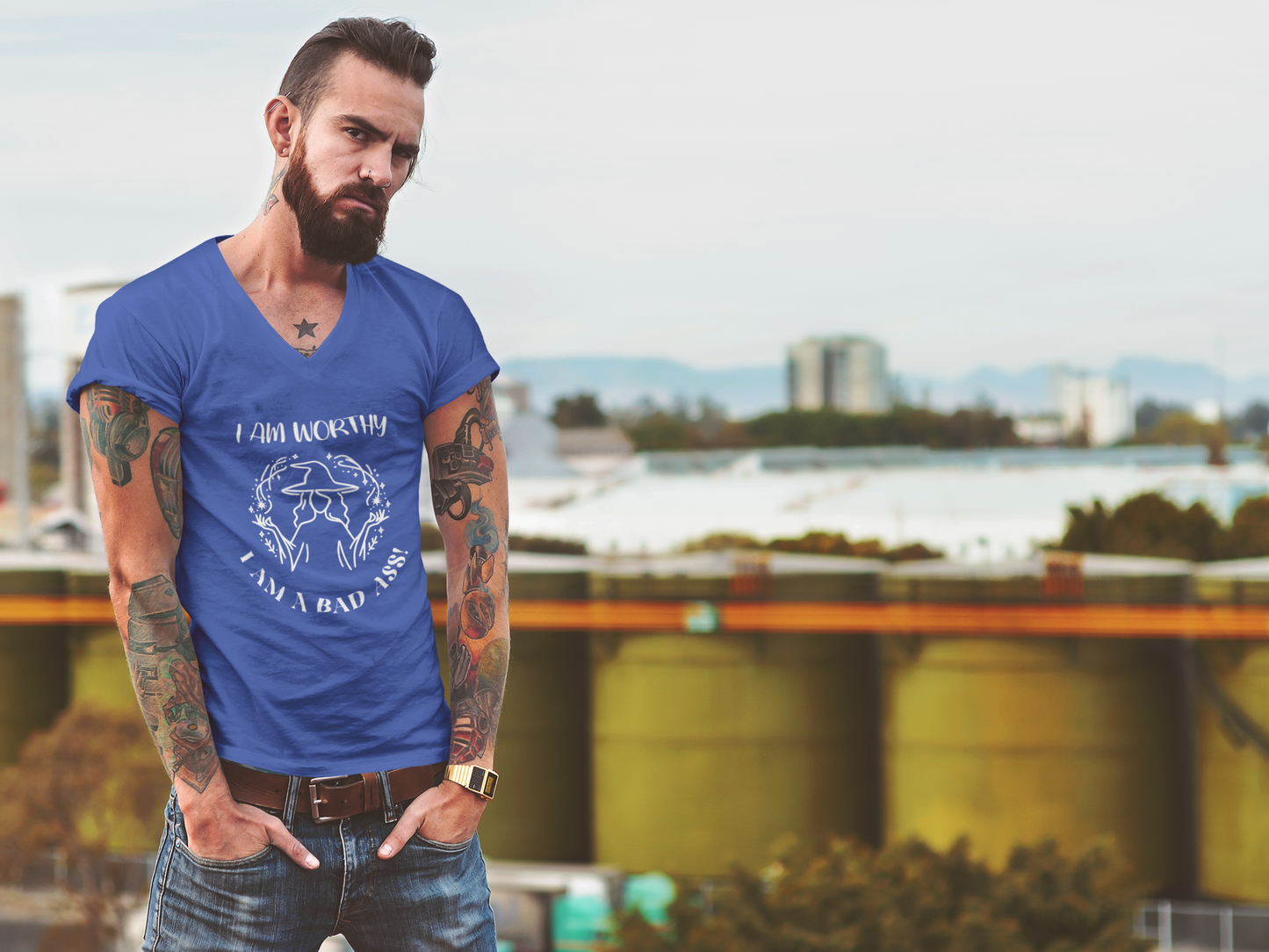 I Am Worthy - Unisex Jersey Short Sleeve V-Neck Tee - Gothic Positive Affirmation